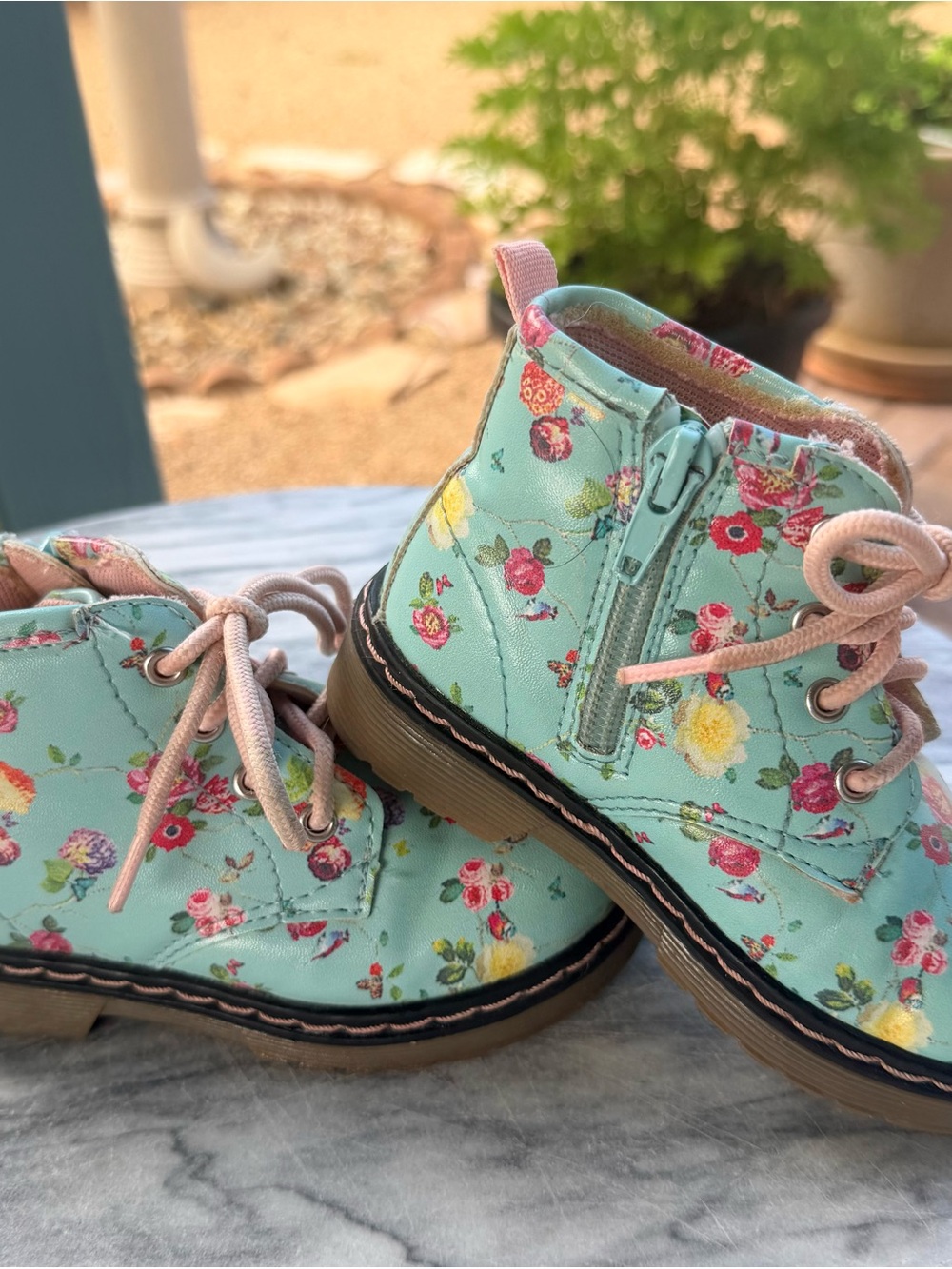 UK Brand Mint Floral Lace-Up Toddler Girls Combat Boots